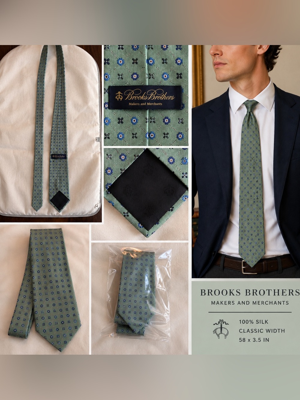 Brooks Brothers Makers & Merchants 100% Silk Tie Green Blue Geometric Classic